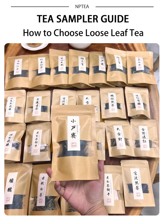 Tea sampler guide showing assorted Chinese loose leaf tea sample packs