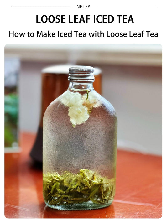 Loose leaf iced tea guide showing cold brew green tea in a glass bottle