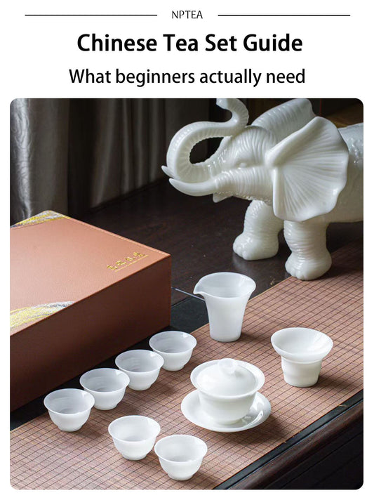 Chinese Tea Set Guide cover image showing a white porcelain gaiwan, tea cups and fairness cup for beginner gongfu tea brewing