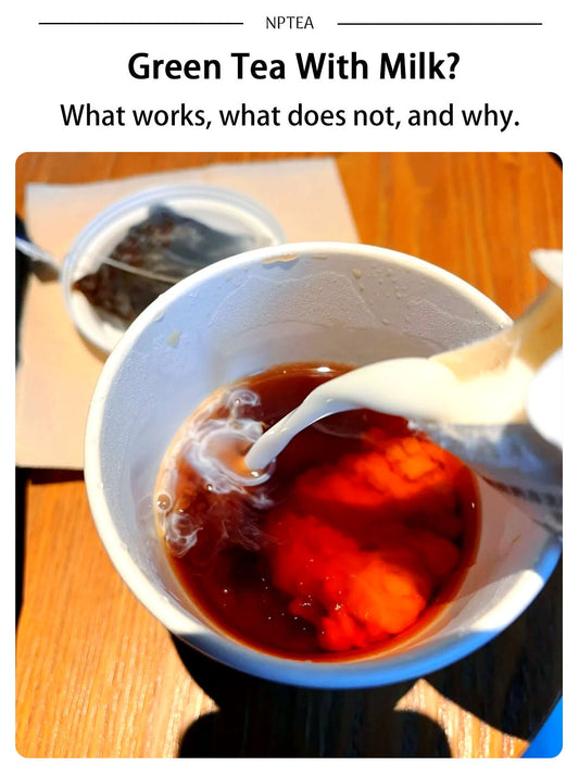 Milk being poured into black tea for a green tea with milk comparison guide