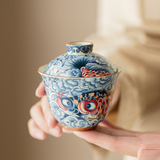 Gaiwan | Grass Ash Glaze “Blue & White Koi” Ceramic Lidded Gaiwan 100ml