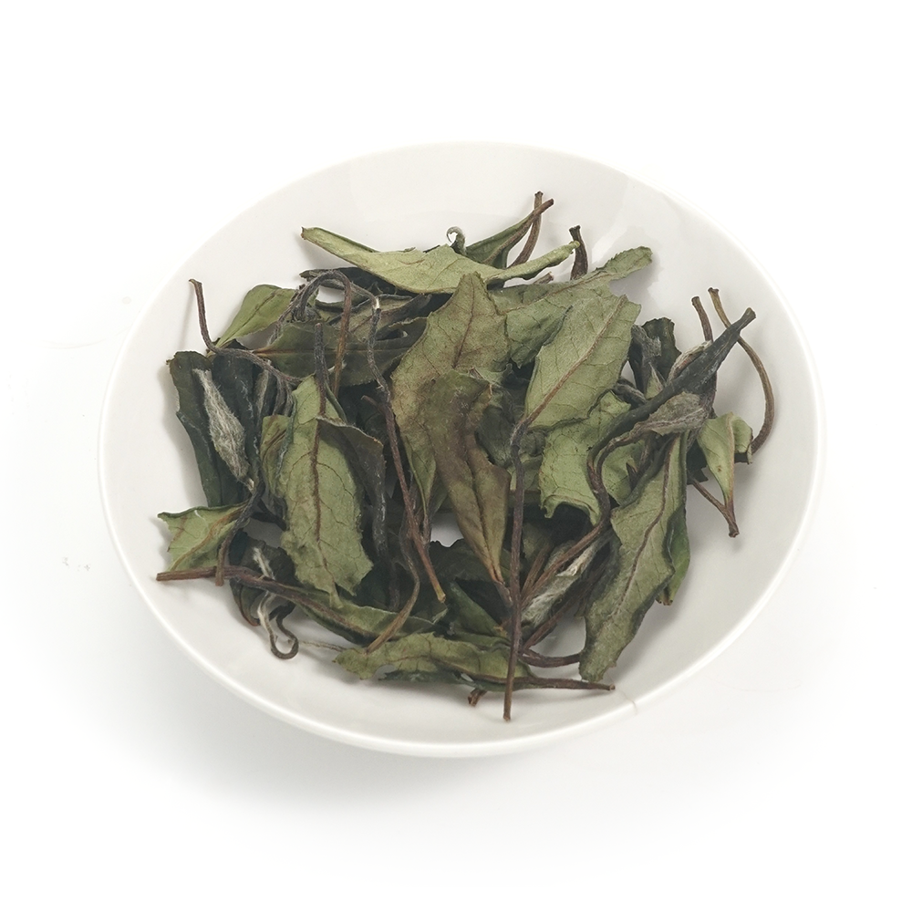 Premium 2025 Shou Mei White Tea dry leaves featuring a herbal aroma and coarse, natural structure.