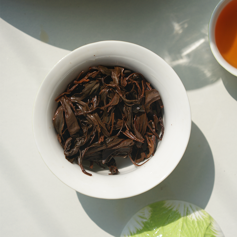 Infused leaves of Fruity Dianhong Black Tea (Black Beauty) showing a soft, supple copper-red texture.