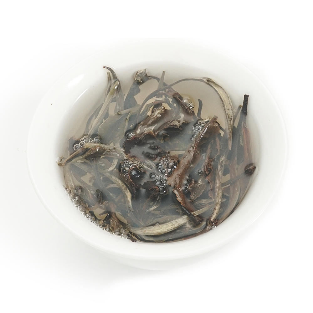 Soft and supple infused leaves of 2024 Sweet Plum-Scented Yue Guang Bai showing tender buds and black leaves.