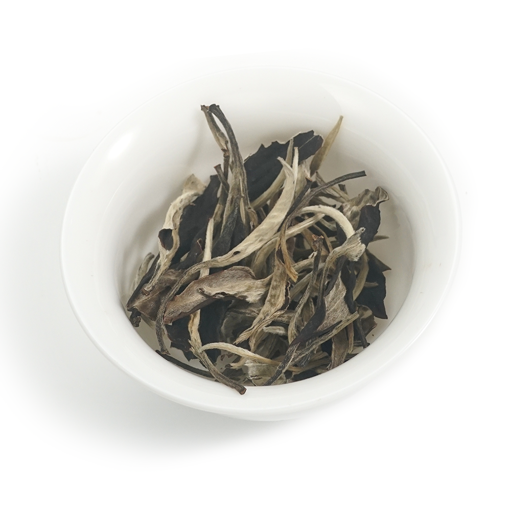 Premium Moonlight White (Yue Guang Bai) tea leaves with fuzzy silver buds and dark leaf undersides.