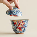 Gaiwan | Grass Ash Glaze “Blue & White Koi” Ceramic Lidded Gaiwan 100ml