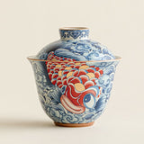 Gaiwan | Grass Ash Glaze “Blue & White Koi” Ceramic Lidded Gaiwan 100ml