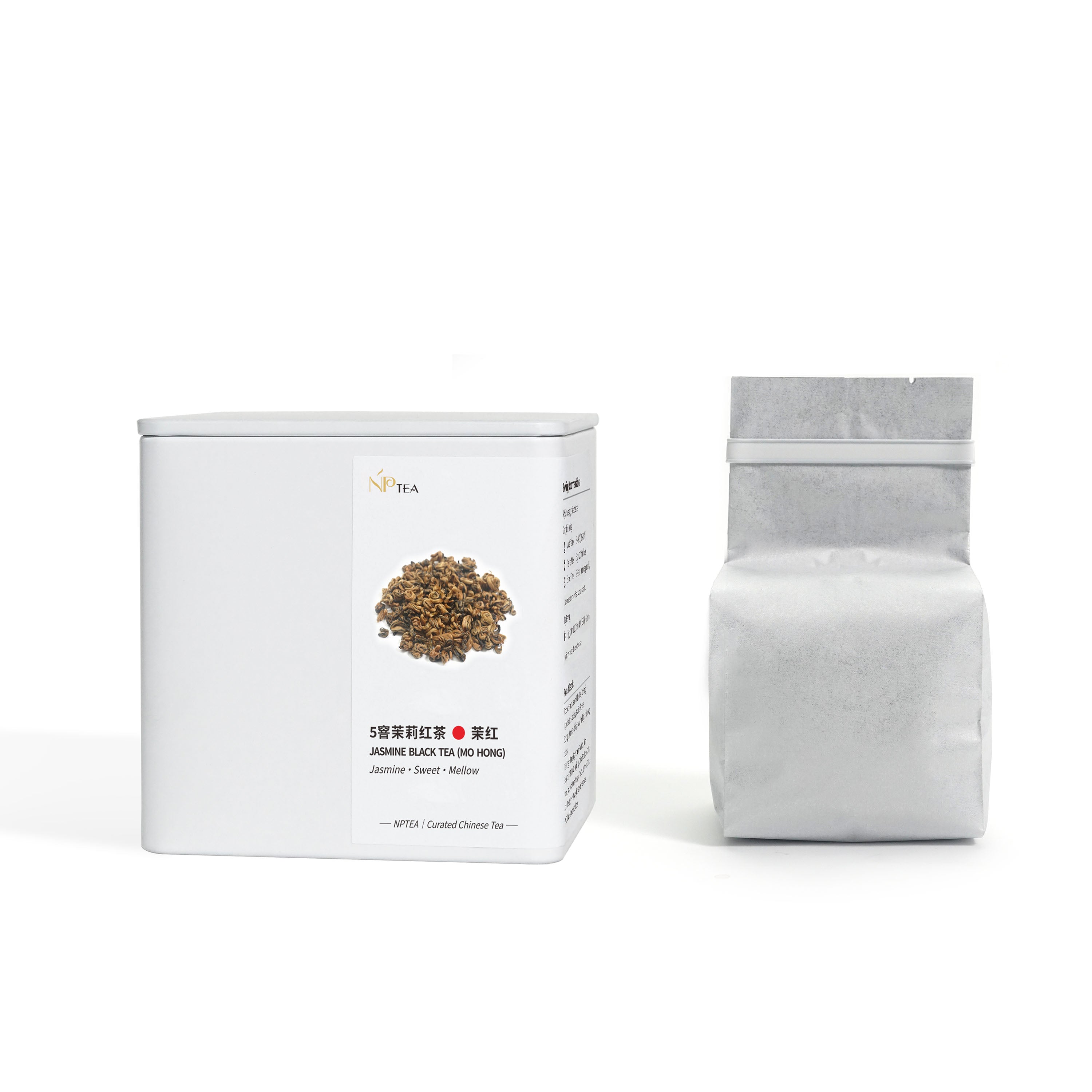 Mo Hong jasmine black tea full-size packaging with white NPTEA box and sealed tea pouch