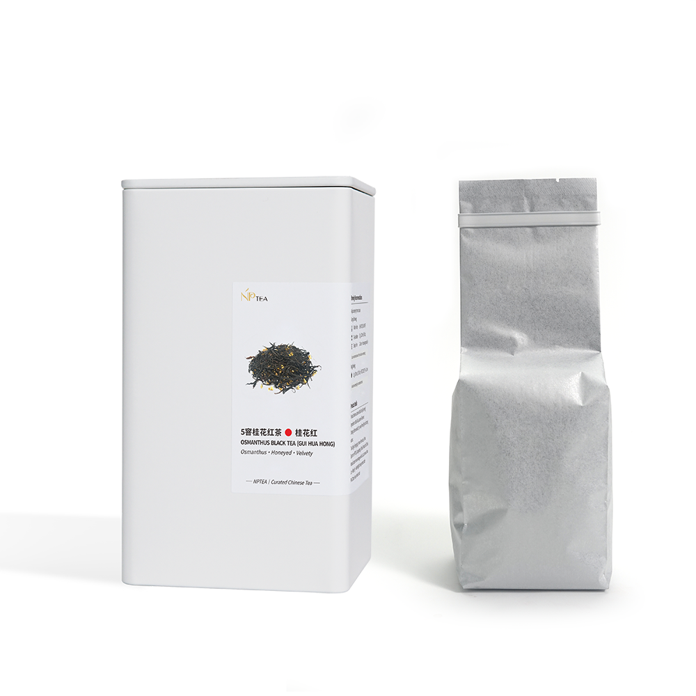 Gui Hua Hong osmanthus black tea full-size packaging with white NPTEA box and sealed tea pouch