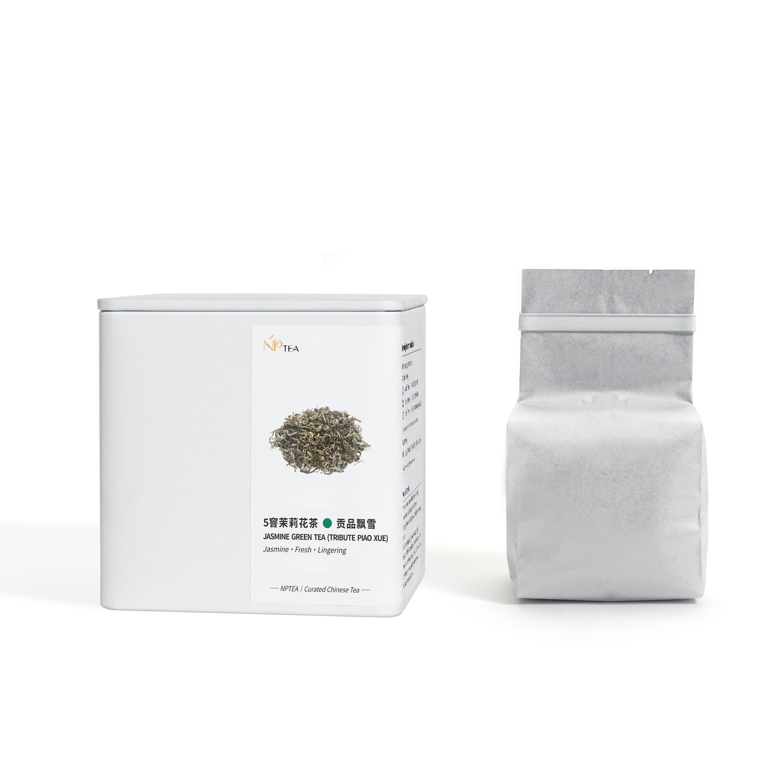 Tribute Piao Xue jasmine green tea full-size packaging with white NPTEA box and sealed tea pouch