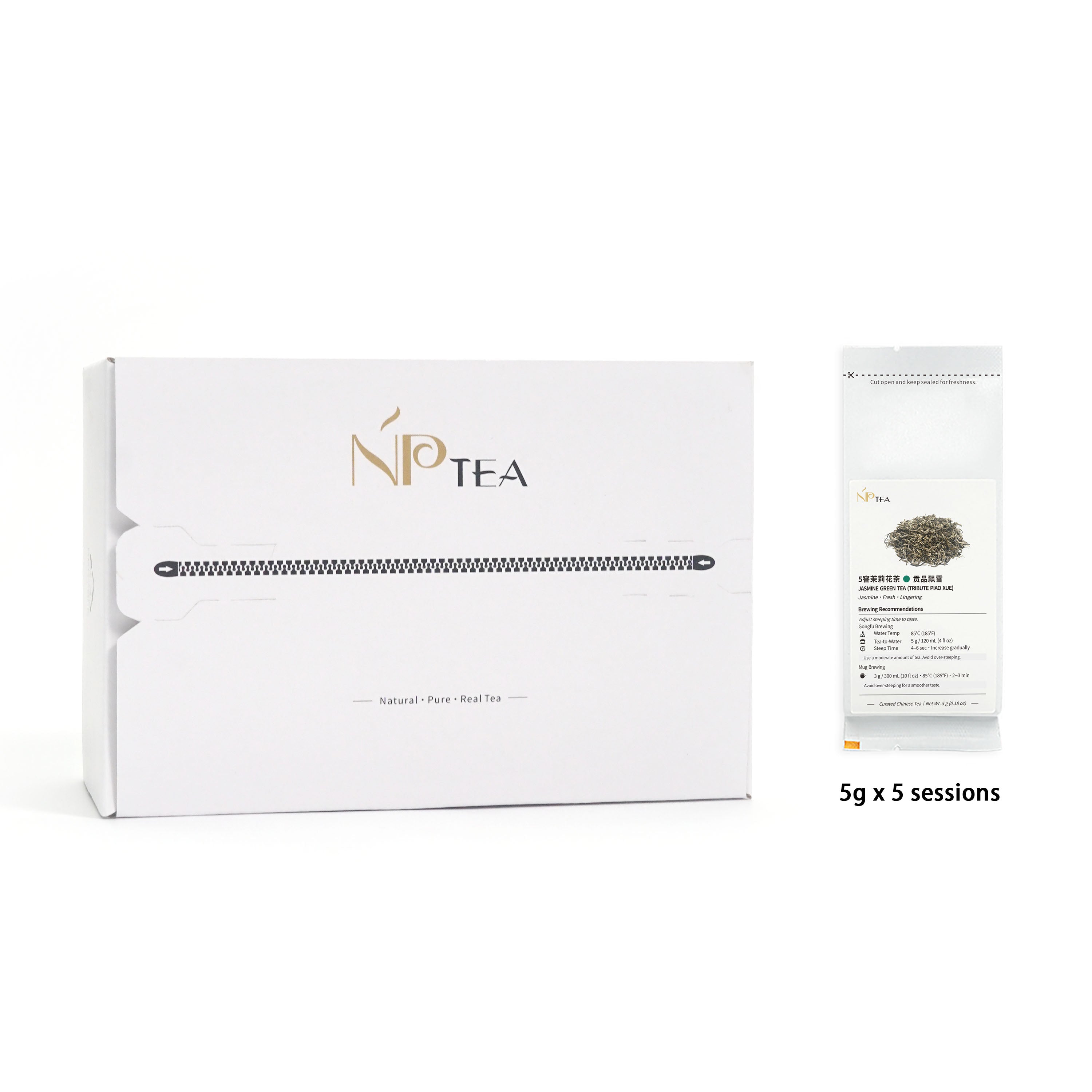 Tribute Piao Xue jasmine green tea tasting set packaging with 5g x 5 sessions