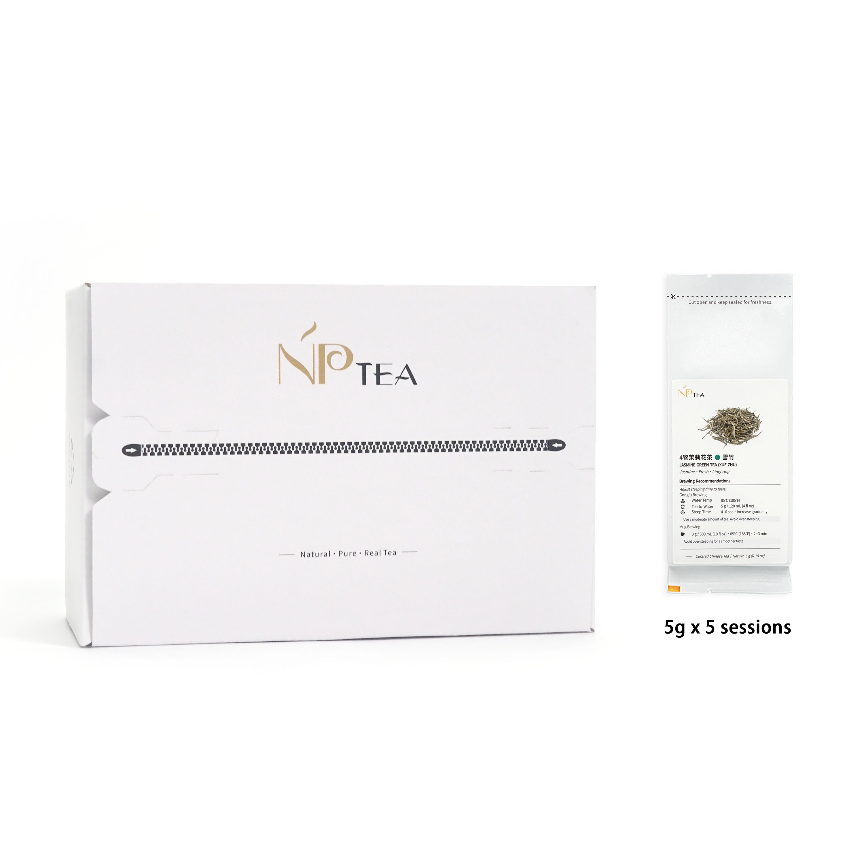 Xue Zhu jasmine green tea tasting set packaging with 5g x 5 sessions